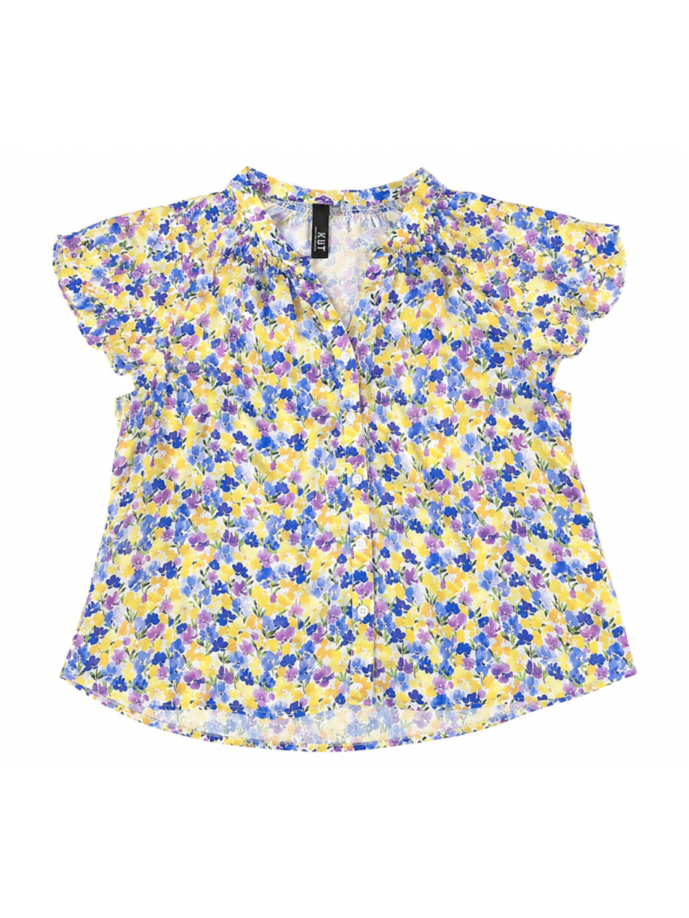 KUT From The Kloth Floral Button Front Blouse Top Women’s Large Yellow Blue Purp - Picture 2 of 6